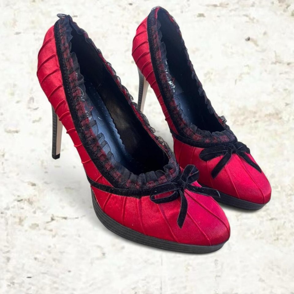 Pleaser Red Satin Heels with Black Velvet Trim